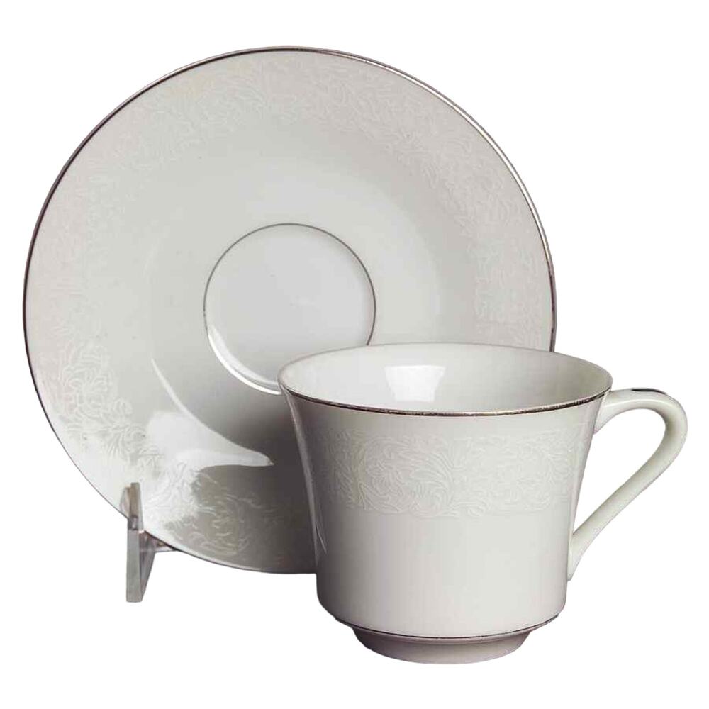 Wyndham Coffee Cup Bridal Lace Tea Cup Saucer Set White Silver China Japan Vtg